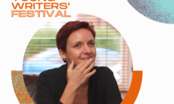 A graphic showing a picture of Heather Parry with her name below as well as two logos, one of Moniack Mhor and one of the Young Writers' Festival